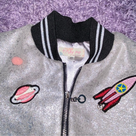 2T Sara Sara Truly Me Silver Metallic Space Rocket Ship Pom Pom Bomber Jacket - Picture 6 of 8